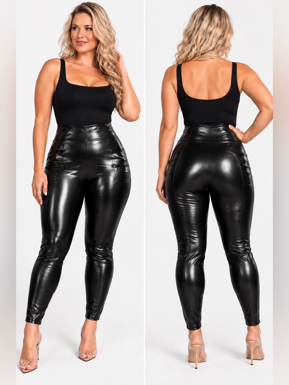SPANX Faux Leather High Rise Skinny Leggings Pants Black Petite 1X